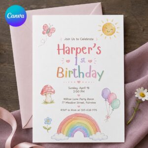 Rainbow First Birthday Invitation, Pastel Girl 1st Birthday Party, Editable Watercolor Printable Canva Template