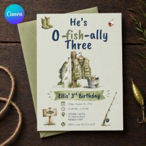Fishing 3rd Birthday Invitation, O-Fish-Ally Three Gone Fishing Party for Boys, Editable Printable Canva Template