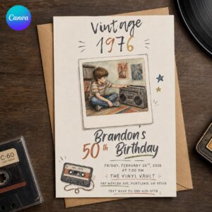 50th Birthday Invitation, Vintage 1976 Retro Cassette Music Party for Him, Editable Printable Canva Template