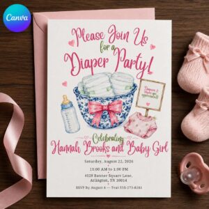 Diaper Party Invitation, Baby Girl Diapers and Wipes Shower, Blue Floral Pink Bow Editable Printable Canva Template