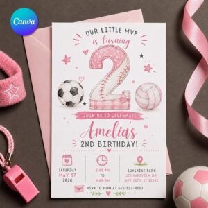 Sports 2nd Birthday Invitation, Girl Little MVP Soccer Baseball Volleyball Party, Editable Printable Canva Template