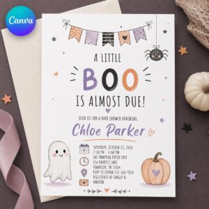 Little Boo Baby Shower Invitation, Halloween Ghost Pumpkin Party Invite, Editable Printable Canva Template