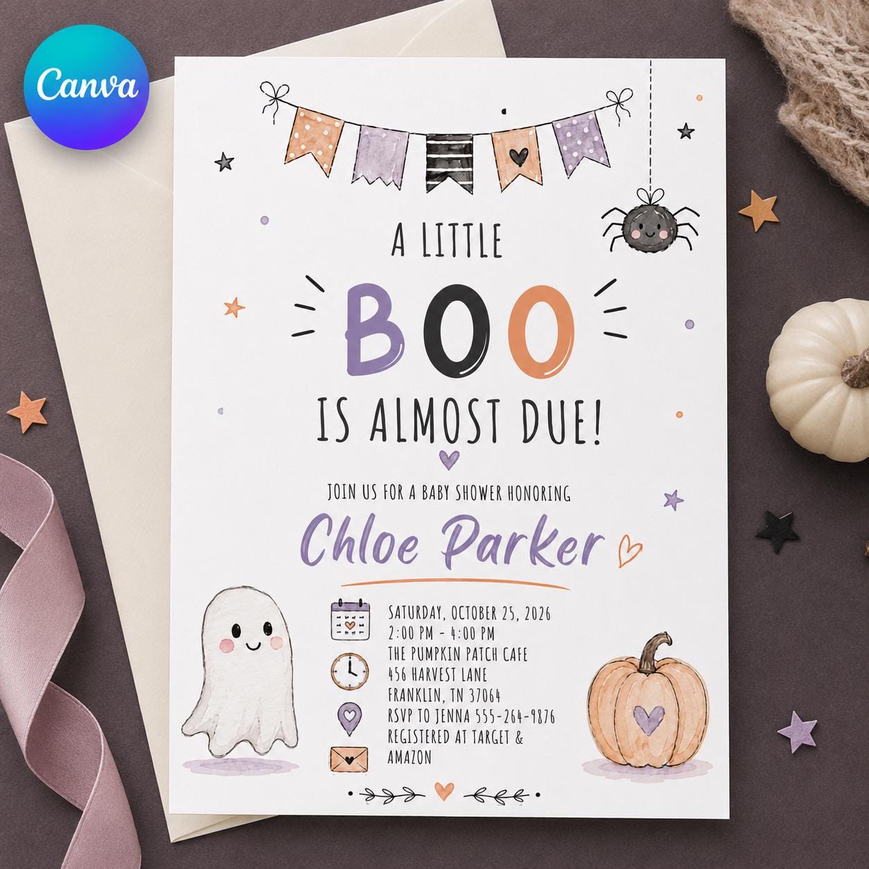 Little Boo Baby Shower Invitation, Halloween Ghost Pumpkin Party Invite, Editable Printable Canva Template