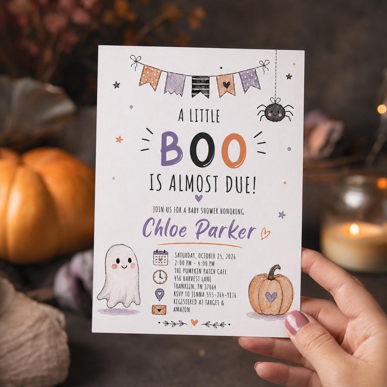Little Boo Baby Shower Invitation, Halloween Ghost Pumpkin Party Invite, Editable Printable Canva Template - Image 4