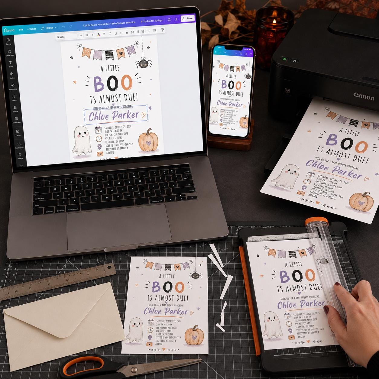 Little Boo Baby Shower Invitation, Halloween Ghost Pumpkin Party Invite, Editable Printable Canva Template - Image 5