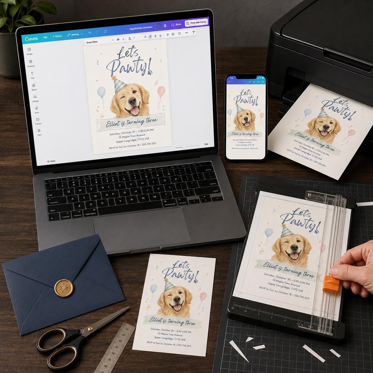 Puppy Birthday Invitation, 3rd Birthday Dog Pawty Invite, Golden Retriever Watercolor Printable Editable Canva Template - Image 5