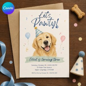 Puppy Birthday Invitation, 3rd Birthday Dog Pawty Invite, Golden Retriever Watercolor Printable Editable Canva Template