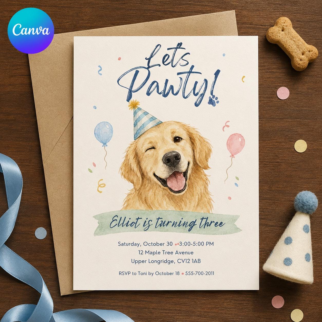 Puppy Birthday Invitation, 3rd Birthday Dog Pawty Invite, Golden Retriever Watercolor Printable Editable Canva Template