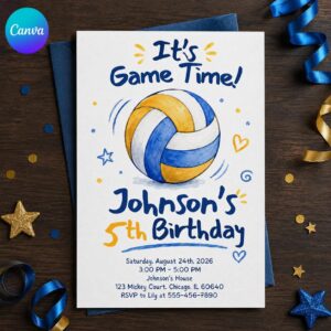 Volleyball Birthday Invitation, 5th Birthday Sports Party Invite for Boy, Blue Yellow Watercolor Editable Canva Template