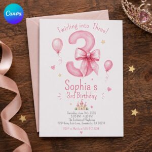 Pink Bow 3rd Birthday Invitation, Twirling Into Three Princess Castle Party for Girls, Editable Printable Canva Template
