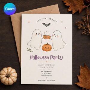 Cute Ghost Halloween Party Invitation, Here for the Boos Pumpkin Costume Party, Editable Printable Canva Template