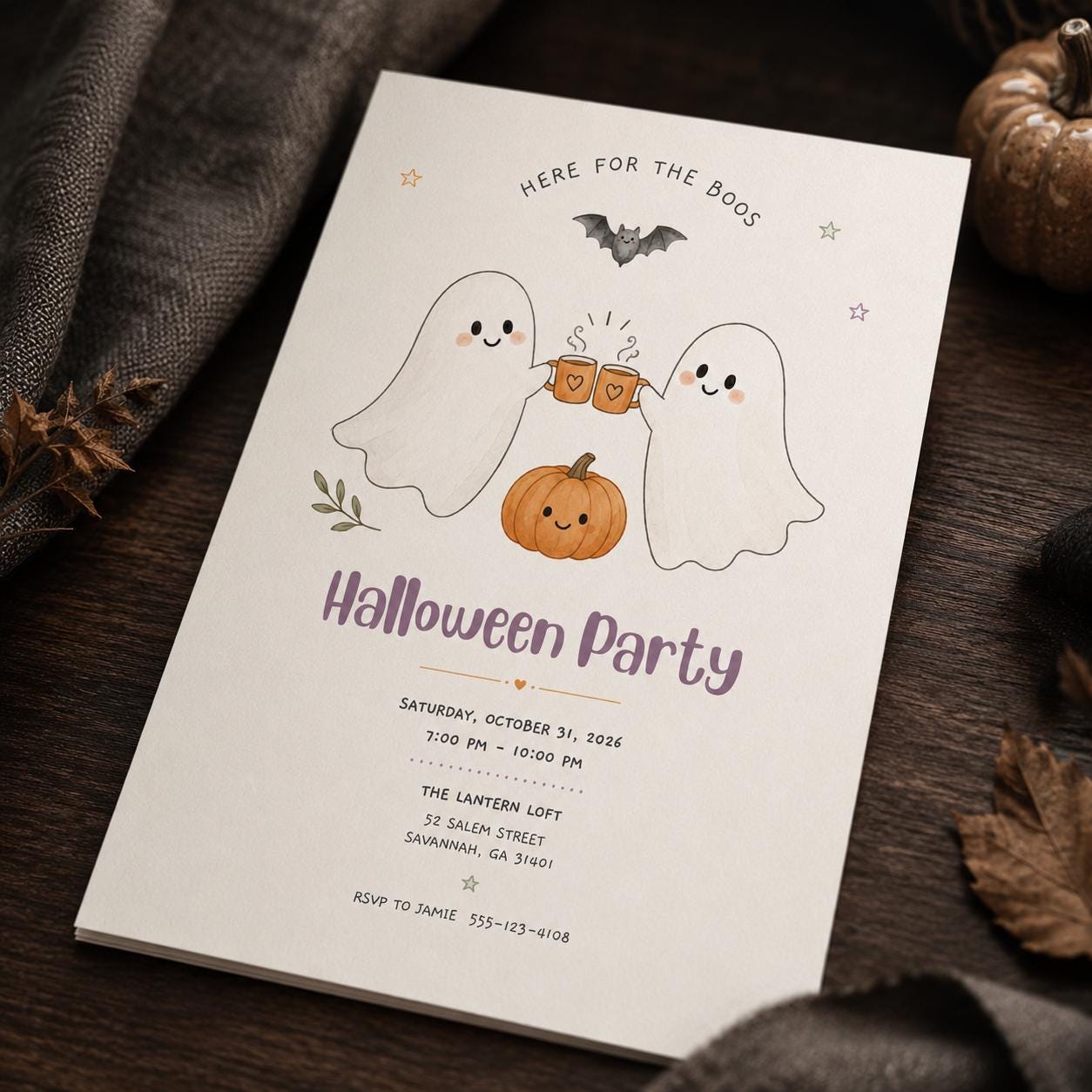 Cute Ghost Halloween Party Invitation, Here for the Boos Pumpkin Costume Party, Editable Printable Canva Template - Image 6