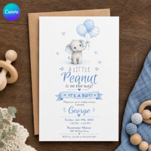 Elephant Baby Shower Invitation, A Little Peanut Boy Shower Invite, Blue Watercolor Printable Editable Canva Template