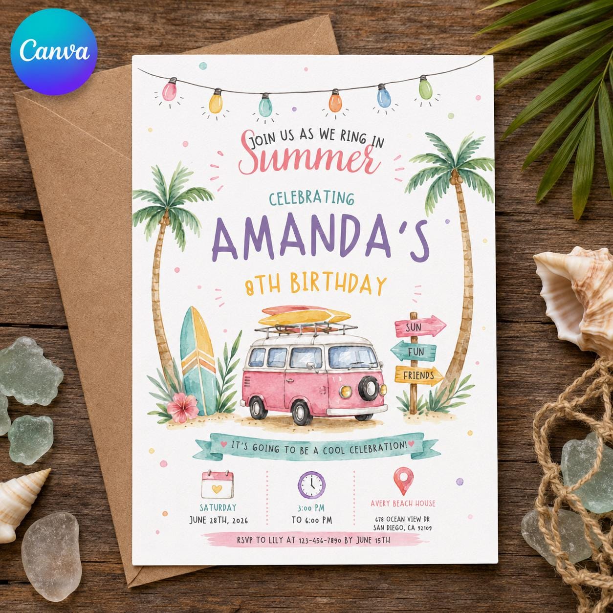 Beach Birthday Invitation, Summer Surf Van Party Invite, Tropical 8th Birthday Printable Editable Canva Template