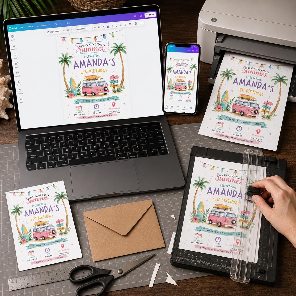 Beach Birthday Invitation, Summer Surf Van Party Invite, Tropical 8th Birthday Printable Editable Canva Template - Image 5
