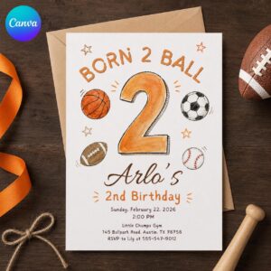 Sports 2nd Birthday Invitation, Born 2 Ball Boy Party, Watercolor Multi Sport Editable Printable Canva Template