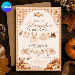 Little Pumpkin Baby Shower Invitation, Fall Gingham Autumn Neutral Shower, Editable Printable Canva Template