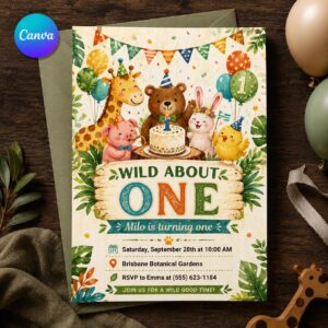 Wild One First Birthday Invitation, Safari Jungle Animals Party, Editable Printable Canva Template