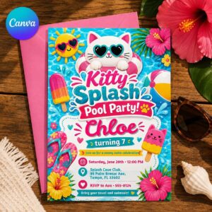 Kitty Pool Party Invitation, Cat Splash 7th Birthday for Girls, Tropical Summer Editable Printable Canva Template
