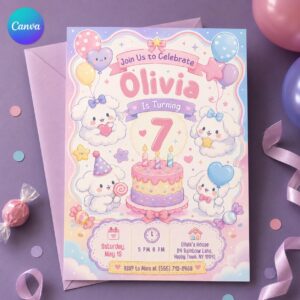 Puppy 7th Birthday Invitation, Cute Pastel Dog Party, Kawaii Rainbow Editable Printable Canva Template