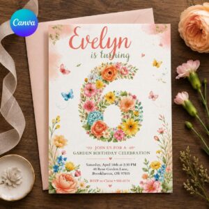 Floral 6th Birthday Invitation, Watercolor Garden Butterfly Girl Party, Editable Printable Canva Template