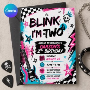 Pop Punk 2nd Birthday Invitation, Rock Guitar Checkered Toddler Party, Editable Printable Canva Template