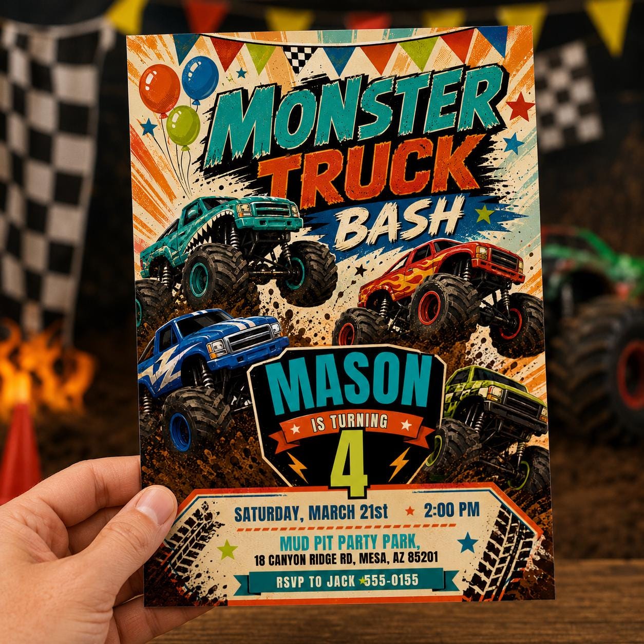 Monster Truck Birthday Invitation, 4th Birthday Truck Bash for Boys, Editable Printable Canva Template - Image 5