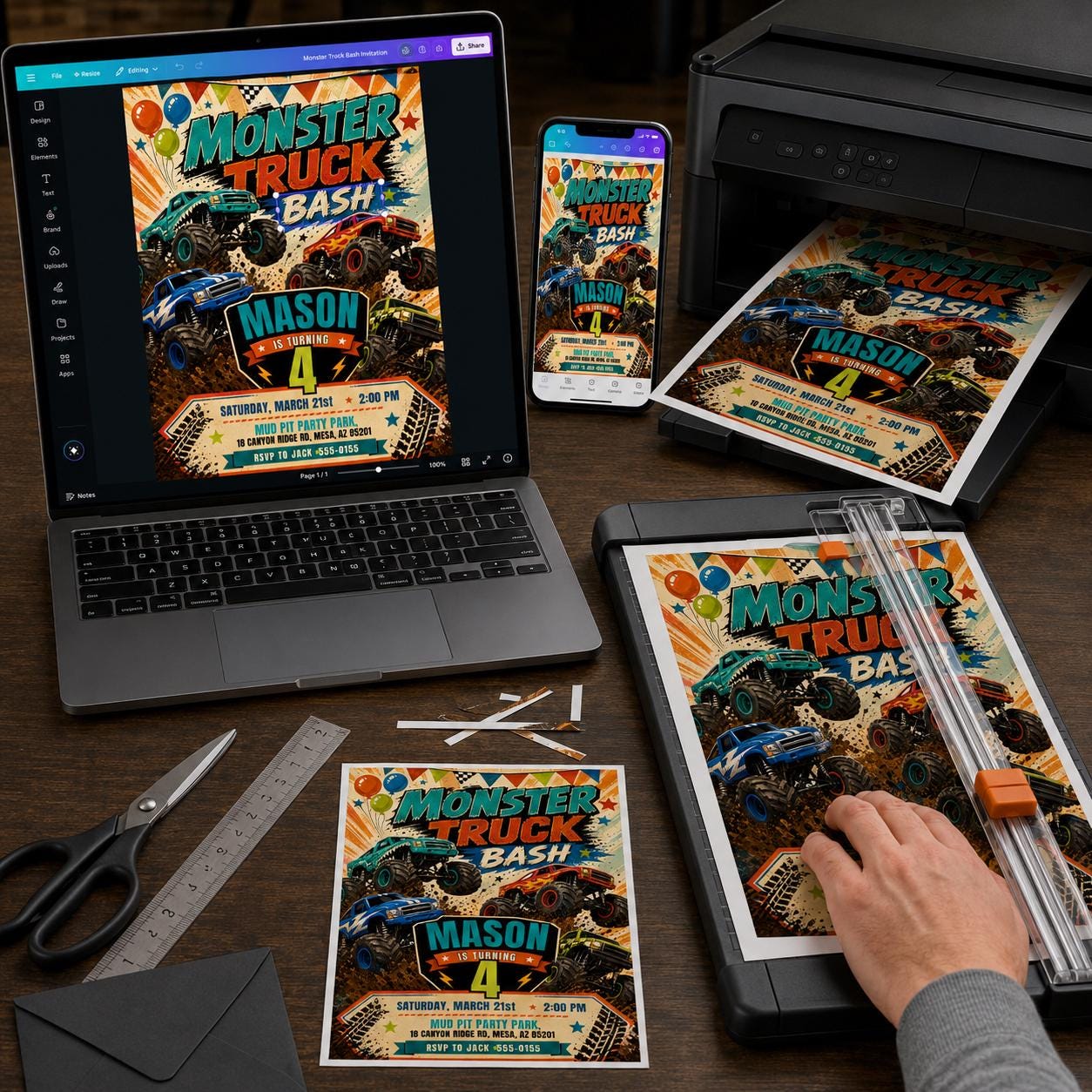 Monster Truck Birthday Invitation, 4th Birthday Truck Bash for Boys, Editable Printable Canva Template - Image 6