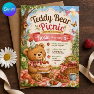 Teddy Bear Picnic Birthday Invitation, Strawberry Gingham 5th Birthday Party for Girls, Editable Printable Canva Template