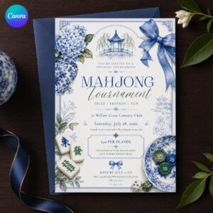 Mahjong Tournament Invitation, Blue Chinoiserie Country Club Game Night, Editable Printable Canva Template