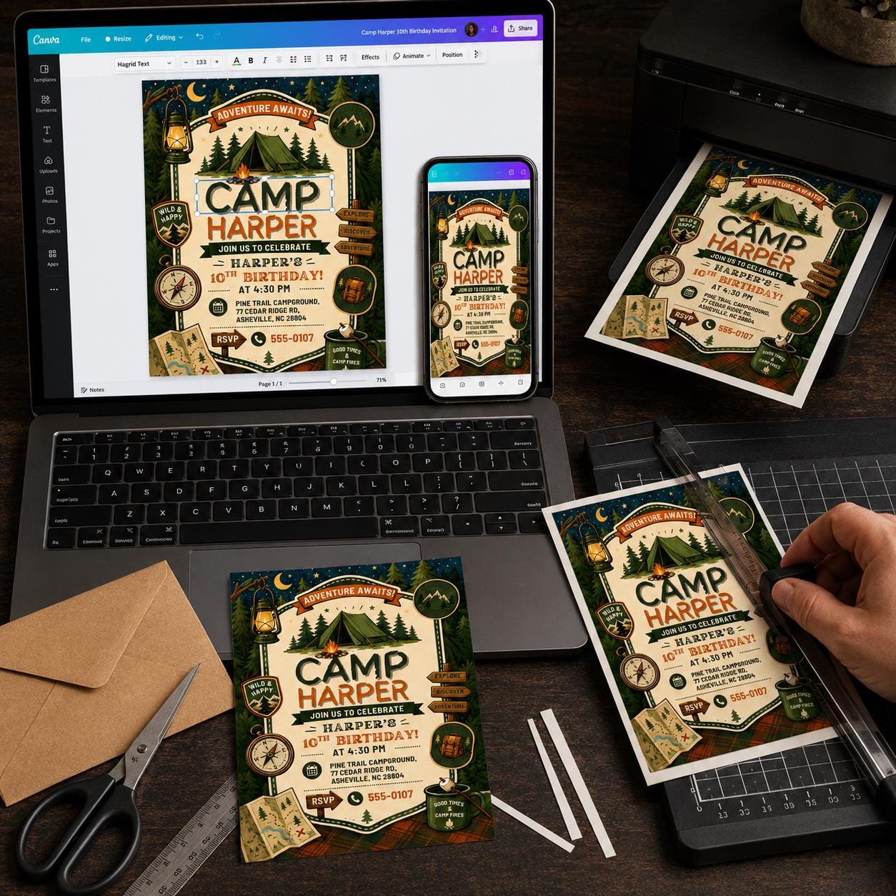 Camping 10th Birthday Invitation, Adventure Awaits Campout Boy Party, Editable Printable Canva Template - Image 3