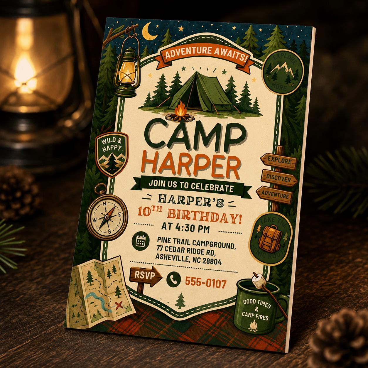 Camping 10th Birthday Invitation, Adventure Awaits Campout Boy Party, Editable Printable Canva Template - Image 4