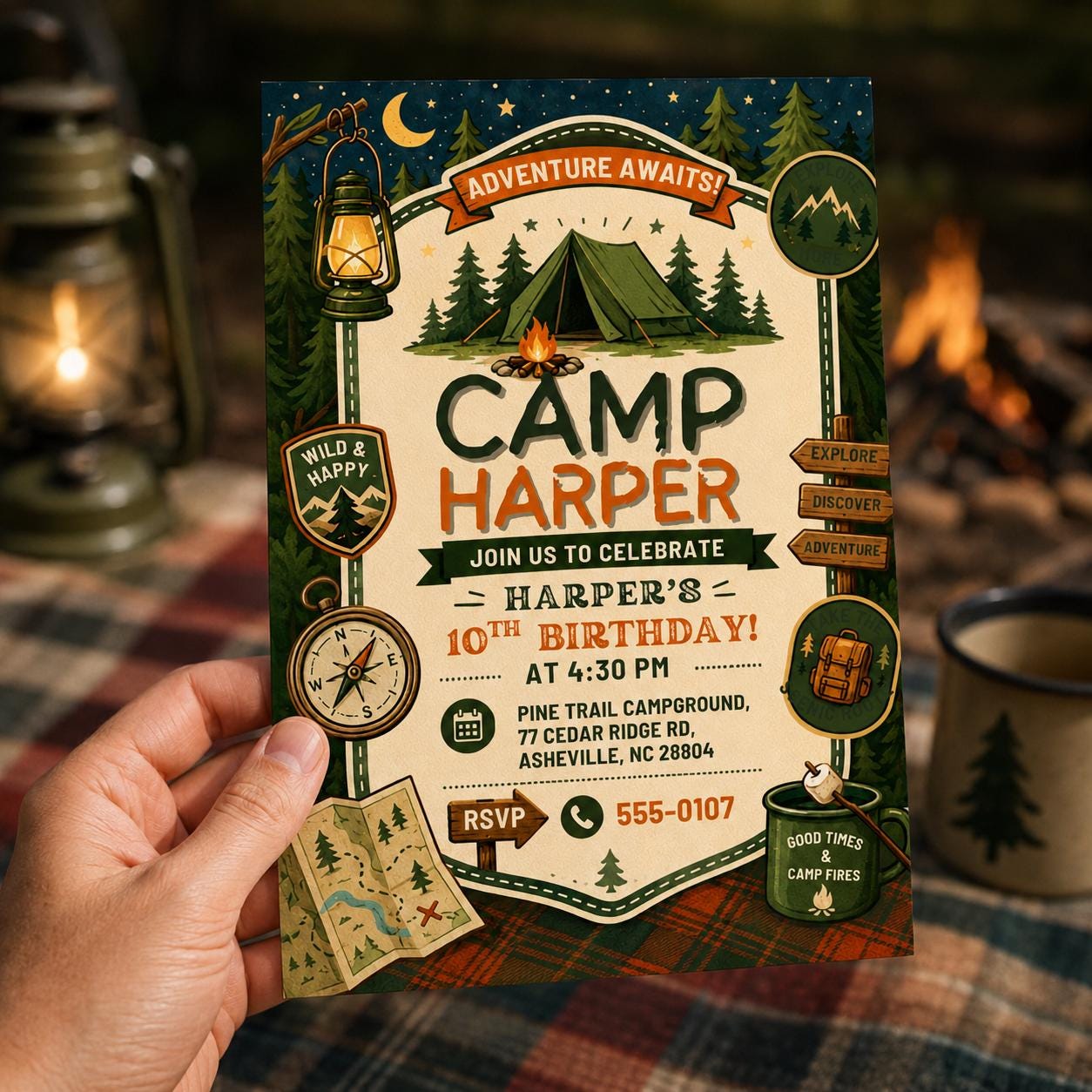 Camping 10th Birthday Invitation, Adventure Awaits Campout Boy Party, Editable Printable Canva Template - Image 6