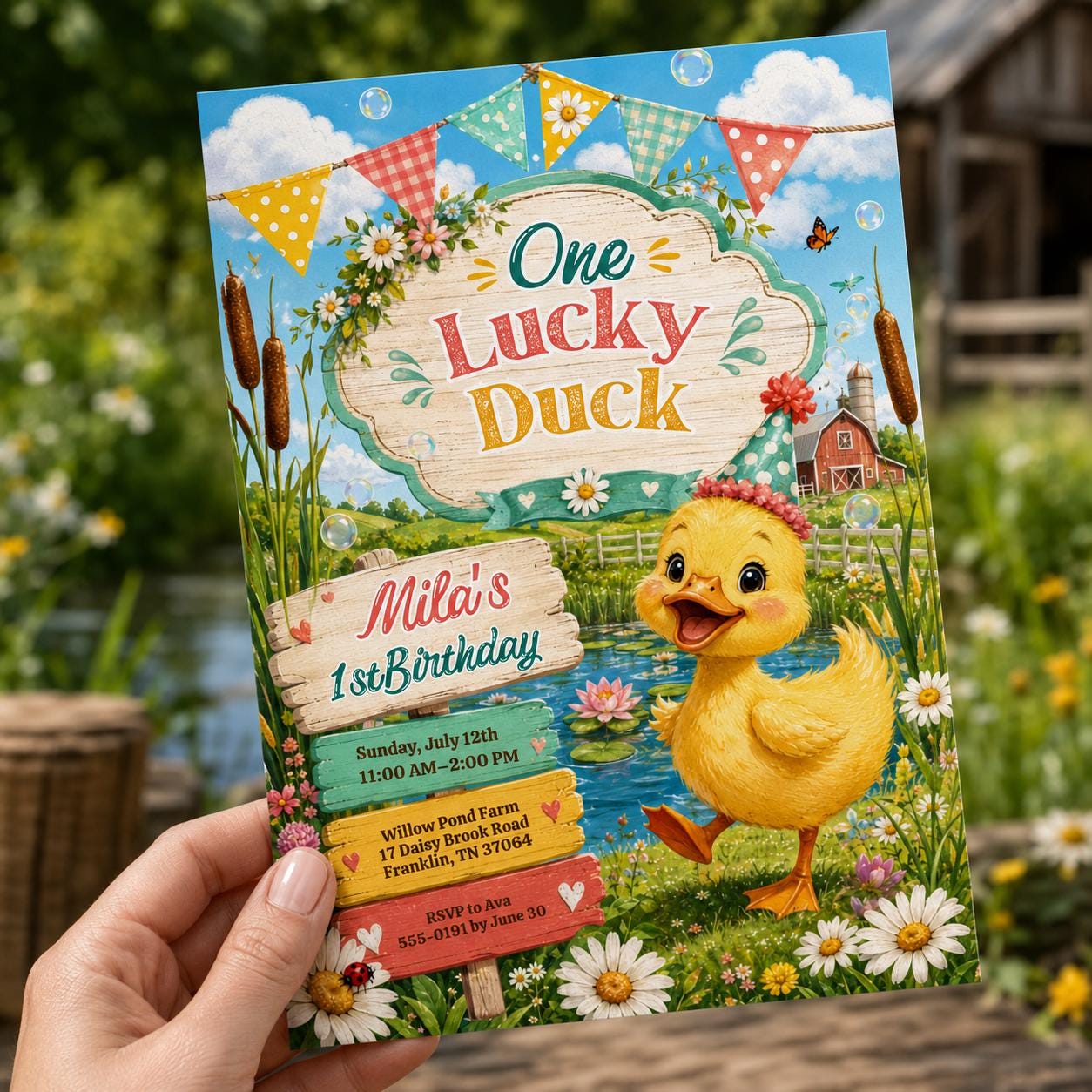 One Lucky Duck First Birthday Invitation, Farm Pond Duckling Party for Girls, Editable Printable Canva Template - Image 4