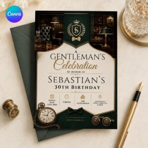 30th Birthday Invitation for Him, Emerald Green Gold Gentleman Whiskey Lounge Party, Editable Printable Canva Template