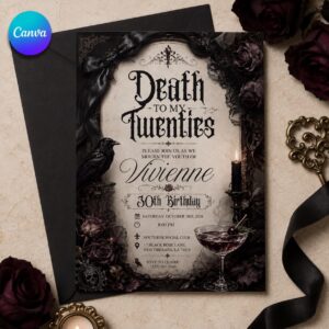 Gothic 30th Birthday Invitation, Death to My Twenties Dark Funeral Party for Her, Editable Printable Canva Template