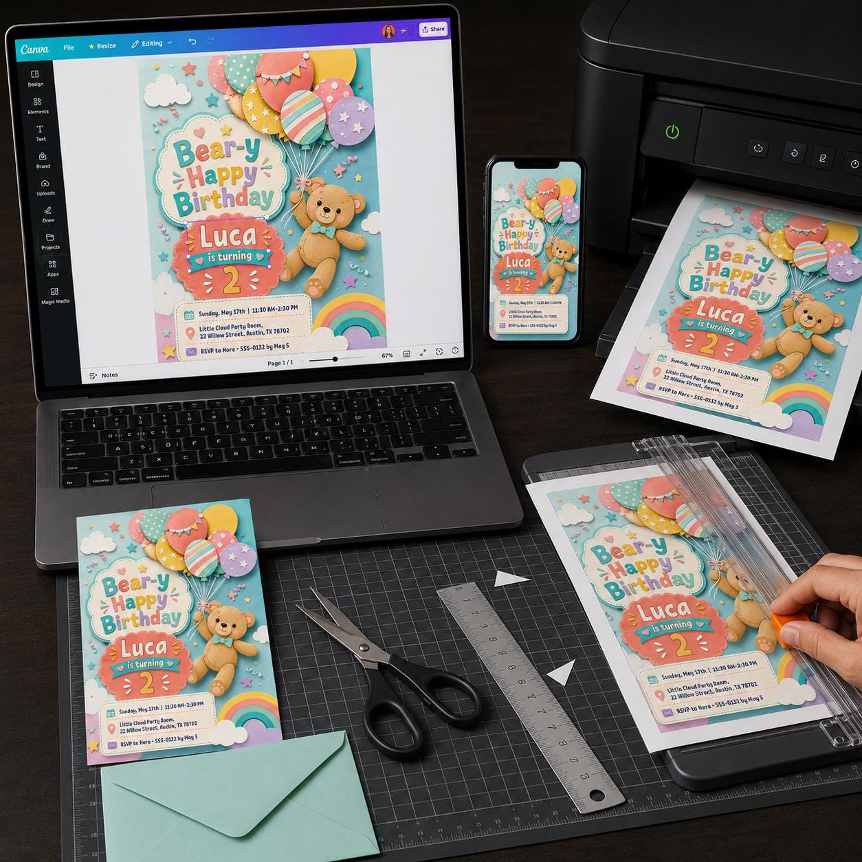 Teddy Bear 2nd Birthday Invitation, Bear-y Happy Balloon Party Invite, Colorful Editable Printable Canva Template - Image 3