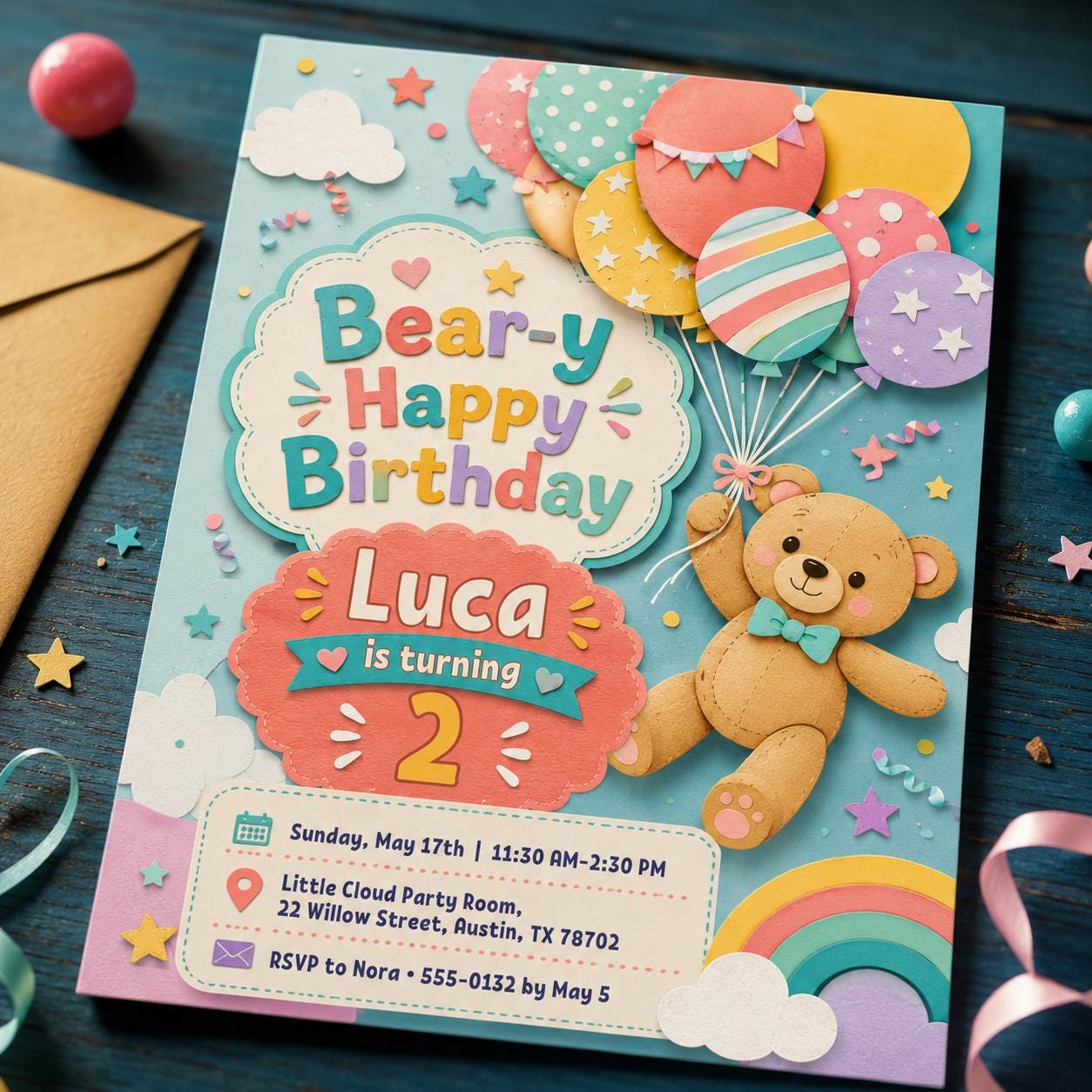 Teddy Bear 2nd Birthday Invitation, Bear-y Happy Balloon Party Invite, Colorful Editable Printable Canva Template - Image 4
