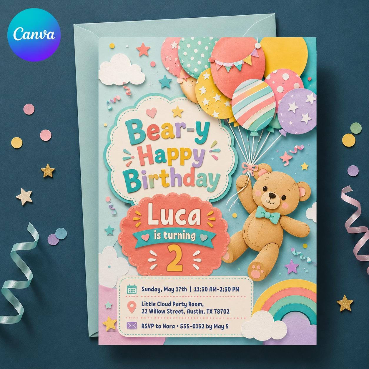 Teddy Bear 2nd Birthday Invitation, Bear-y Happy Balloon Party Invite, Colorful Editable Printable Canva Template