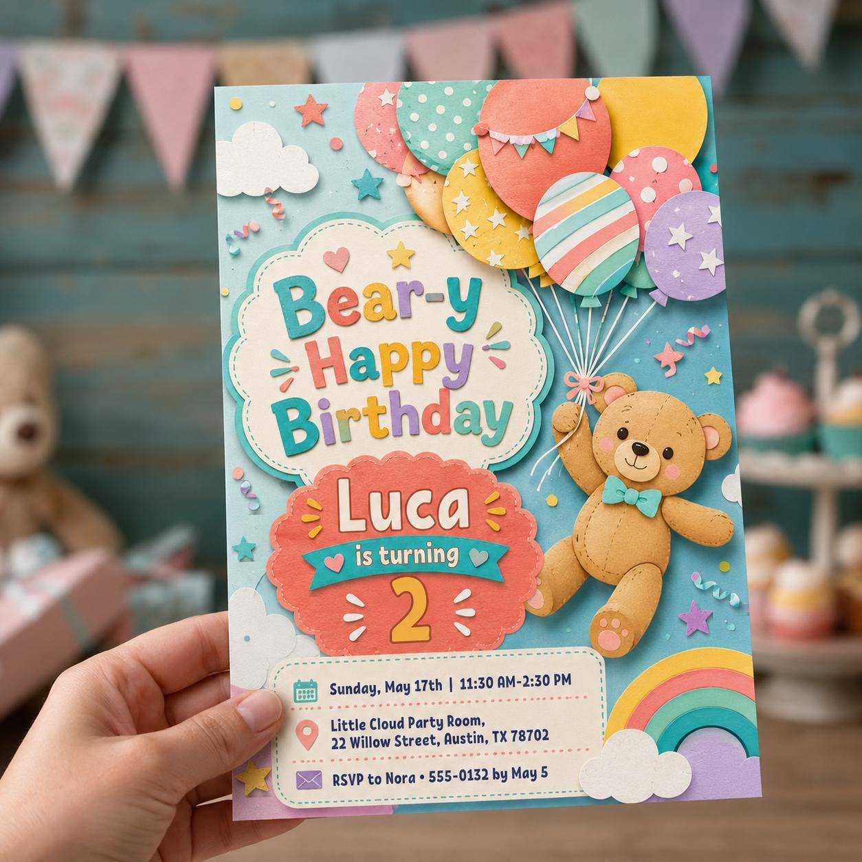 Teddy Bear 2nd Birthday Invitation, Bear-y Happy Balloon Party Invite, Colorful Editable Printable Canva Template - Image 6