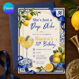 30th Birthday Invitation for Her, She’s Just a Drop Older Lemon Martini Party, Blue Bow Editable Printable Canva Template