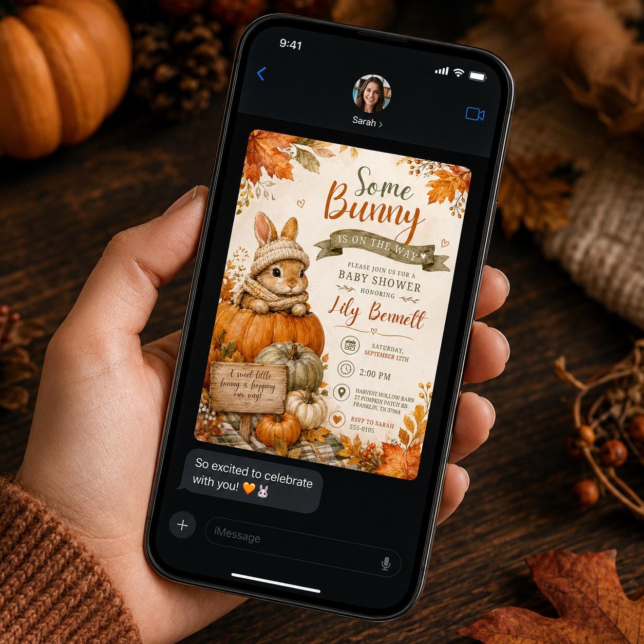 Some Bunny Is on the Way Baby Shower Invitation, Fall Pumpkin Rabbit Invite, Autumn Gender Neutral Editable Canva Template - Image 3