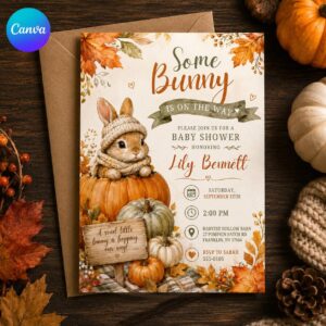 Some Bunny Is on the Way Baby Shower Invitation, Fall Pumpkin Rabbit Invite, Autumn Gender Neutral Editable Canva Template