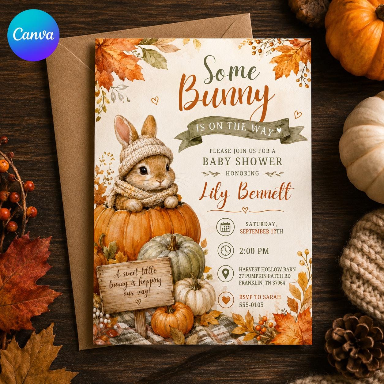 Some Bunny Is on the Way Baby Shower Invitation, Fall Pumpkin Rabbit Invite, Autumn Gender Neutral Editable Canva Template