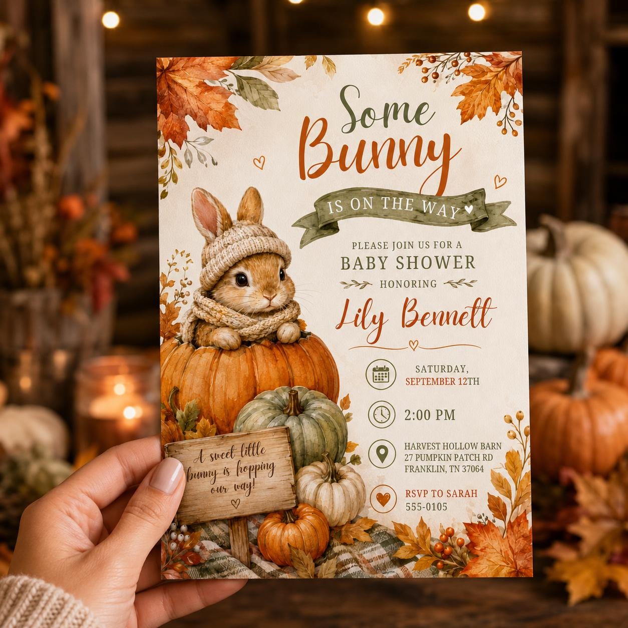 Some Bunny Is on the Way Baby Shower Invitation, Fall Pumpkin Rabbit Invite, Autumn Gender Neutral Editable Canva Template - Image 4