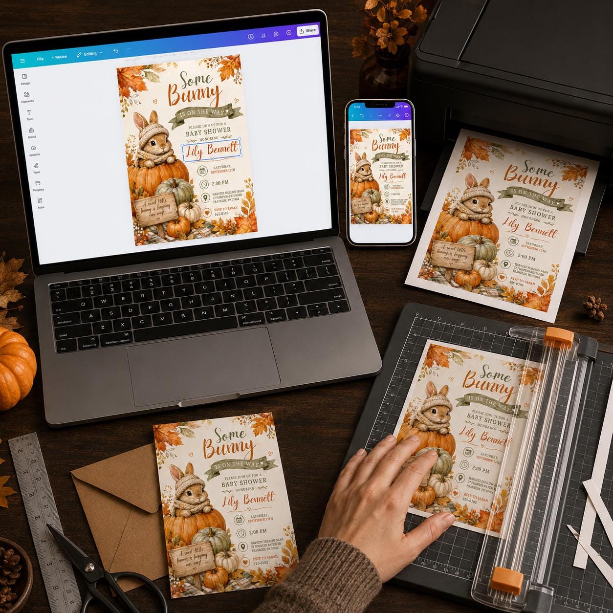 Some Bunny Is on the Way Baby Shower Invitation, Fall Pumpkin Rabbit Invite, Autumn Gender Neutral Editable Canva Template - Image 5