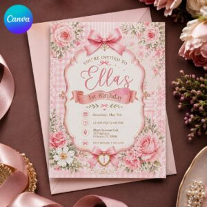 Pink Bow First Birthday Invitation, Floral Coquette Girl 1st Birthday Party Invite, Editable Canva Template