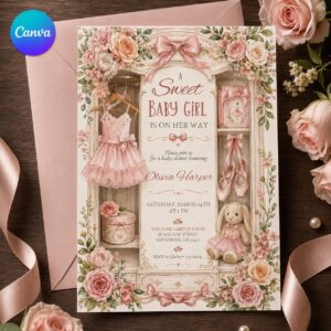 Ballerina Baby Shower Invitation, Pink Bow Floral Baby Girl Invite, Coquette Ballet Printable Editable Canva Template
