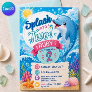 Dolphin 2nd Birthday Invitation, Splash Into Two Under the Sea Pool Party Invite for Girls, Editable Canva Template