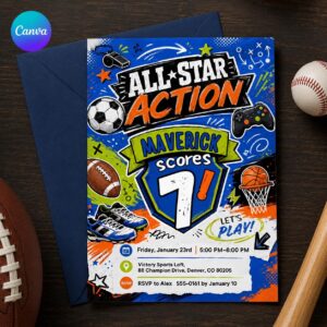 All Star Sports Birthday Invitation, 7th Birthday Football Basketball Soccer Party Invite, Editable Canva Template